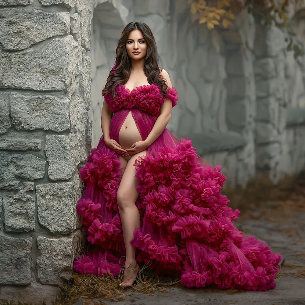 Luxury Maternity Robe Fluffy Tulle Dresses for Women Prom Dress Long Sleeves Wedding Party Gown Bridal Boudoir Pajamas Sleepwear