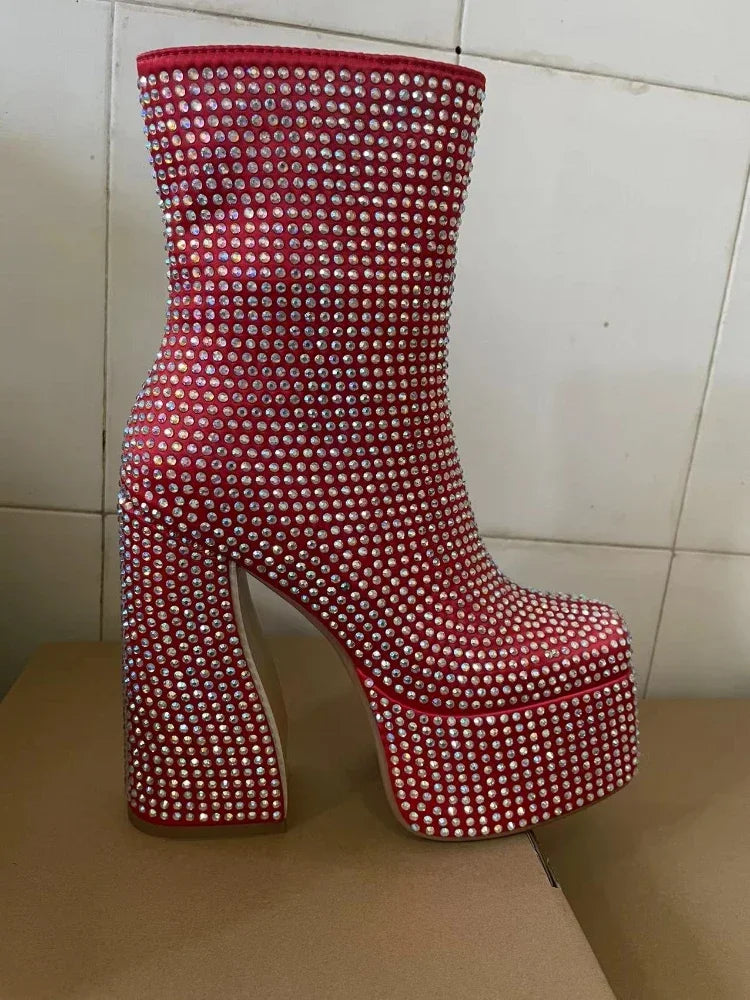 Women's European and American Fashion Super High Heel Short Boots Silver All Water Diamond Decoration Chelsea Short Boots