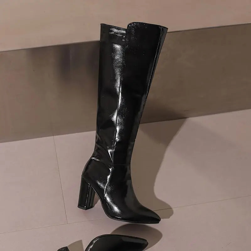 REAVE CAT Sexy Female Knee High Boots Pointed Toe Chunky Heels 8.5cm Big Size 46 47 48 Fashion Party Women Booties