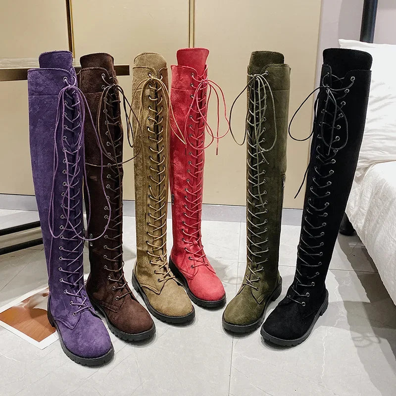 Casual Women's Boots Low Heels Flock Winter Over Knee Boots for Woman 2021 Lace Up Fashion Female Thigh High Boots2021 Wofashion.xyz