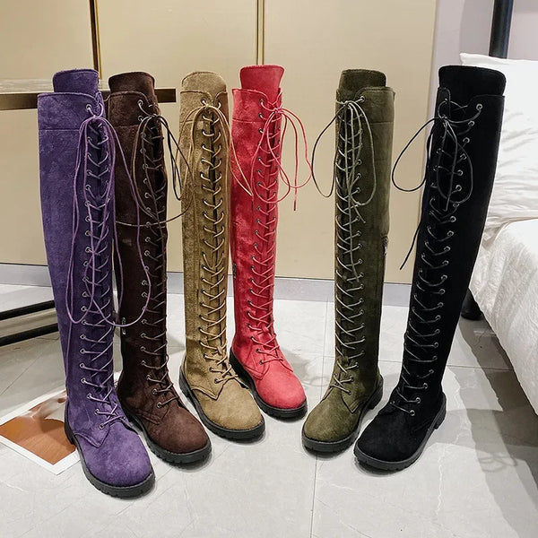 Casual Women's Boots Low Heels Flock Winter Over Knee Boots for Woman 2021 Lace Up Fashion Female Thigh High Boots2021 Wofashion.xyz