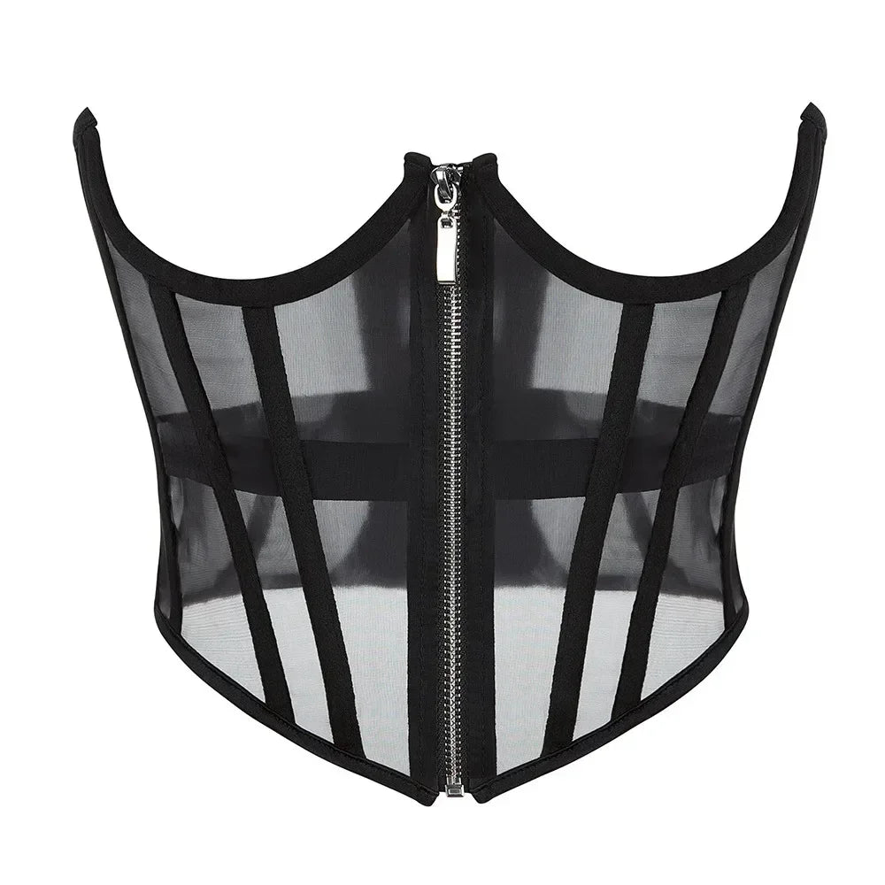 Ladies Transparent Mesh Corset Waist Training Bustier With Zipper Sexy Shaper Night Club Sweet Cropped Top Wofashion.xyz