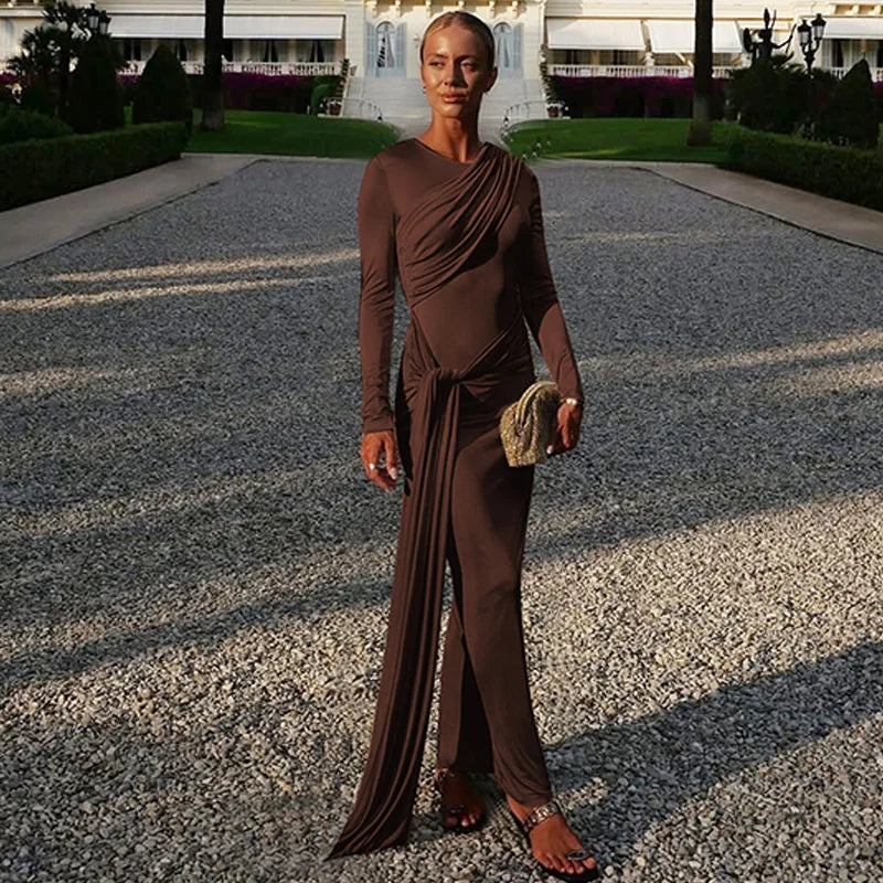 Mozision Long Sleeve Draped Ruched Sexy Maxi Dress Women Gown Elegant O Neck High Waist Bodycon Club Party Long Dresses Female