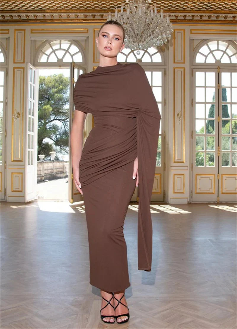 Mozision Half High Collar Ruched Sexy Mini Dress Women Gown Elegant Short Sleeve High Waist Draped Club Party Long Dresses