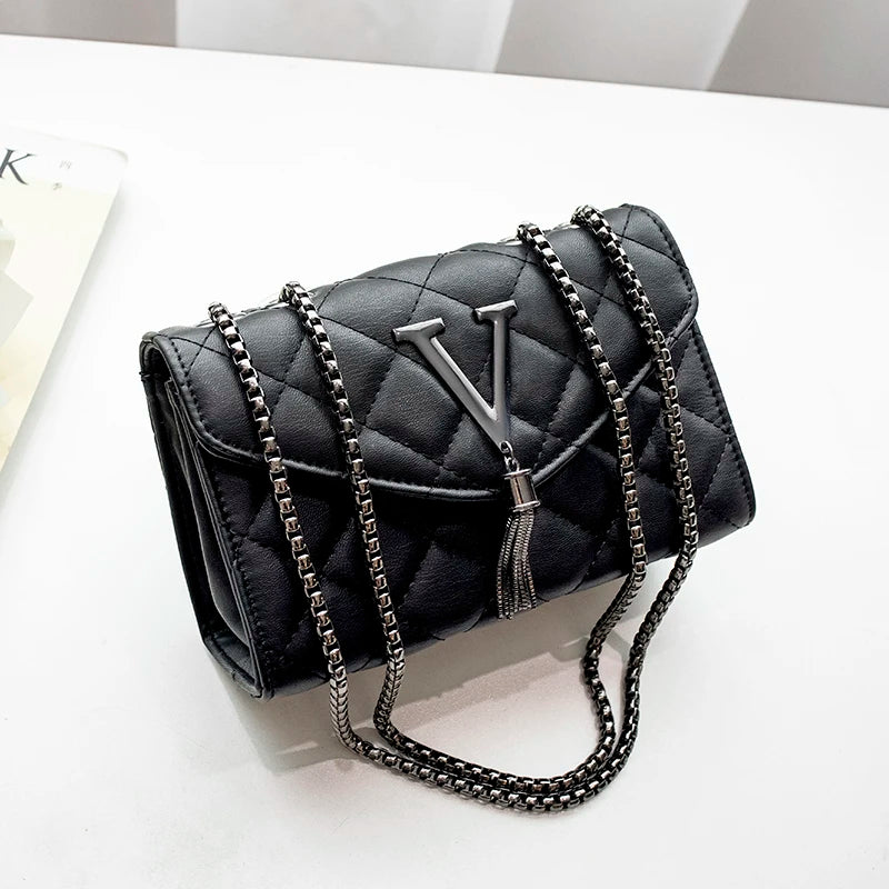 Black Luxury Handbags And Purse Women PU Leather Messenger Shoulder Bag Plaid Female Crossbody Bag Tassel Quilted Brand Wofashion.xyz