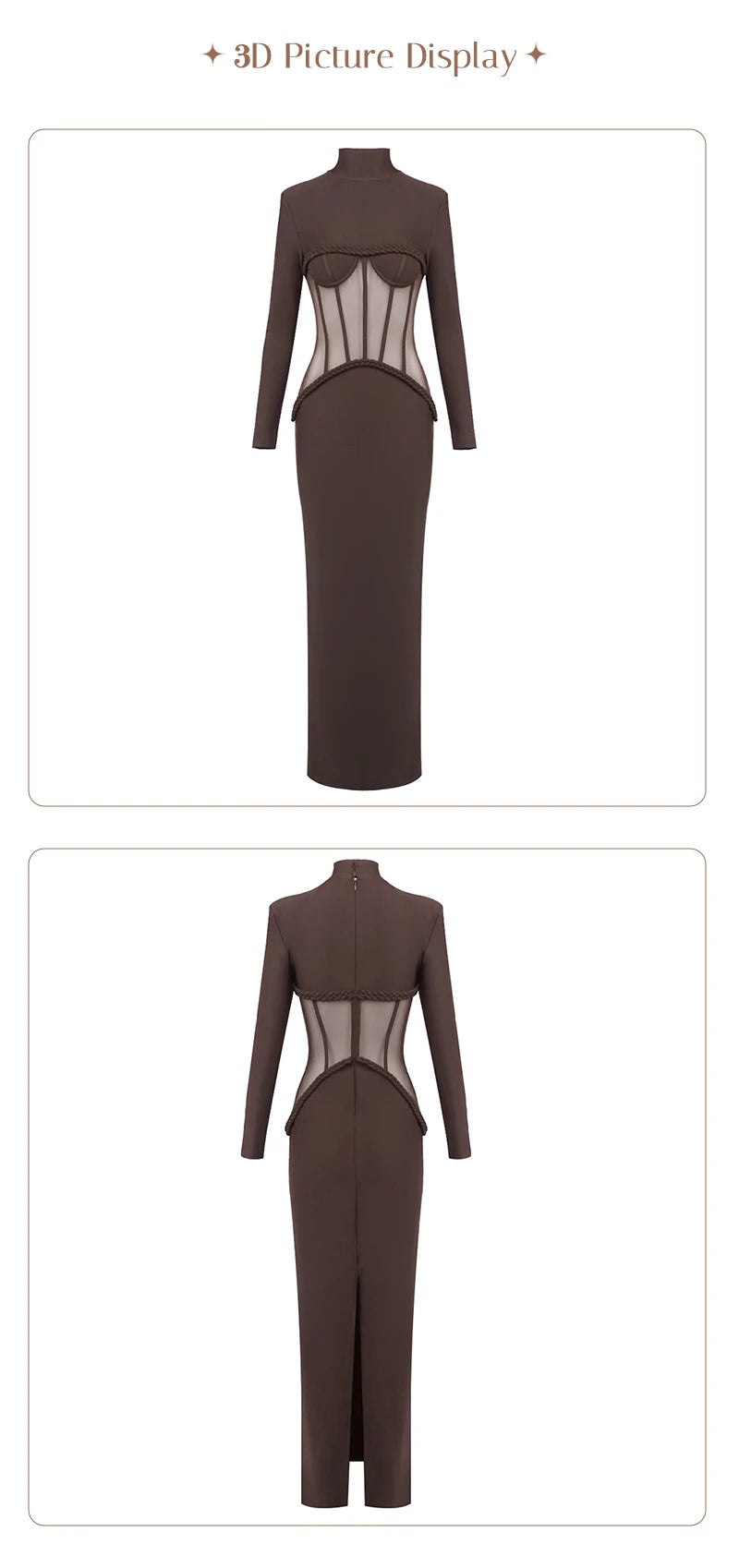 Luxury Sheer Corset Brown Long Dresses for Women – Long Sleeve High Neck See Through Bodycon Maxi Dress with Mesh Waist Detail