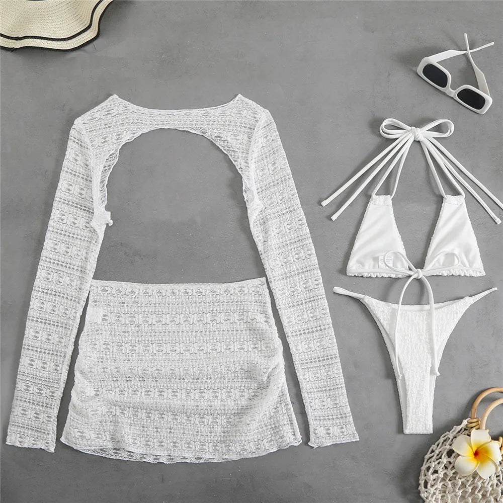 Beige Flower Mesh String Halter Bikinis Sets 4 Piece Sexy Swimsuit Women Long Sleeve Cover Up Swimwear Triangle Bikini Beachwear