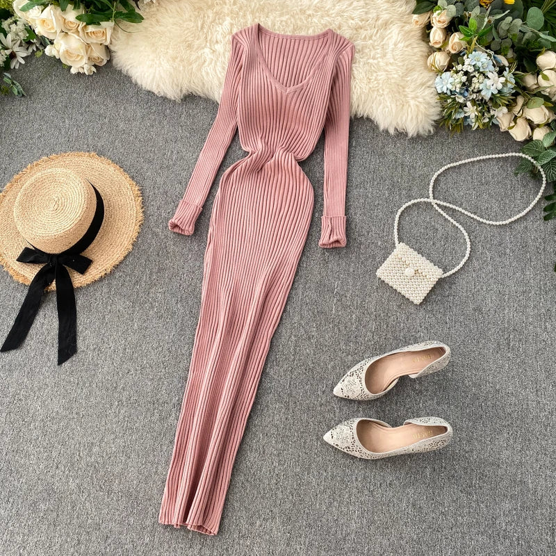 Women's Knitted Midi Dr Pure Color Long Sve Slim Fit High Waist V-Ne Korean Sle Faionable Autumn Winter Dr