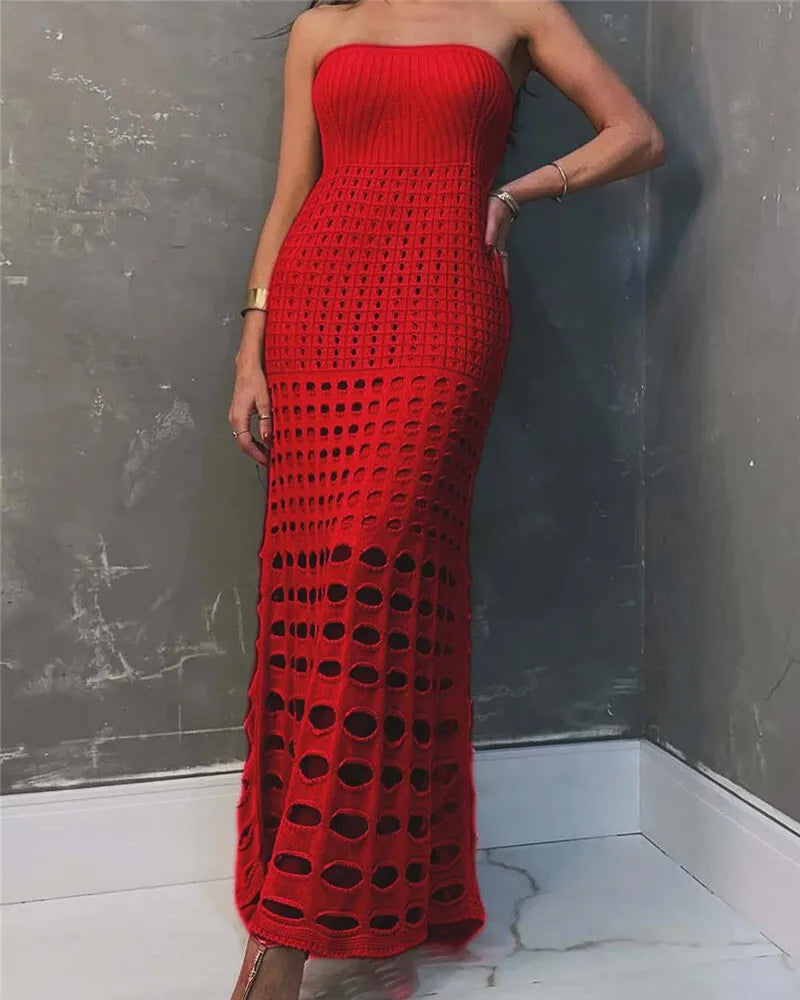 Mozision Strapless Off-shoulder Hollow Out Knit Maxi Dress For Women Gown Fashion Sleeveless Backless Beach Skinny Long Dress