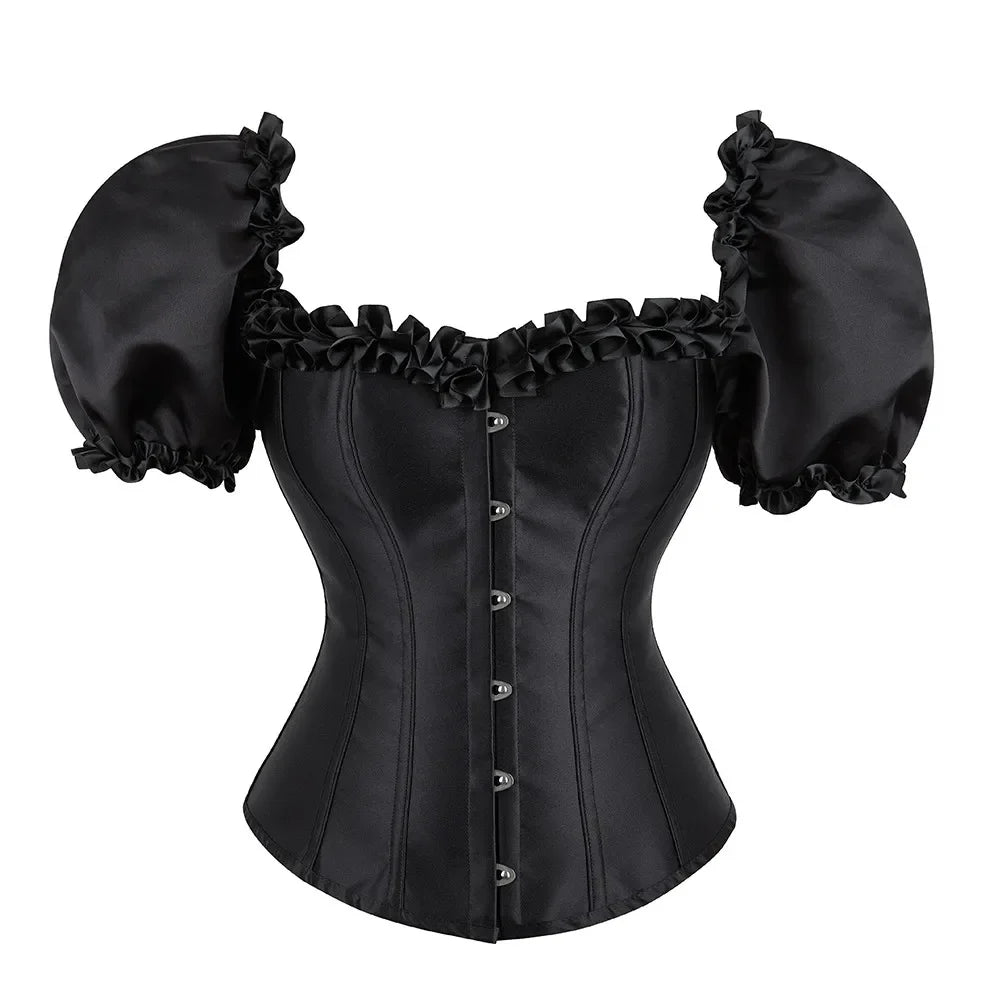 Women Overbust Corset Top Ruffle Puff Short Sleeve Bustier Lace up Corsetto Gothic Sexy Waist Cincher Korset Black Wofashion.xyz