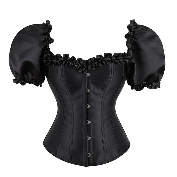 Women Overbust Corset Top Ruffle Puff Short Sleeve Bustier Lace up Corsetto Gothic Sexy Waist Cincher Korset Black Wofashion.xyz
