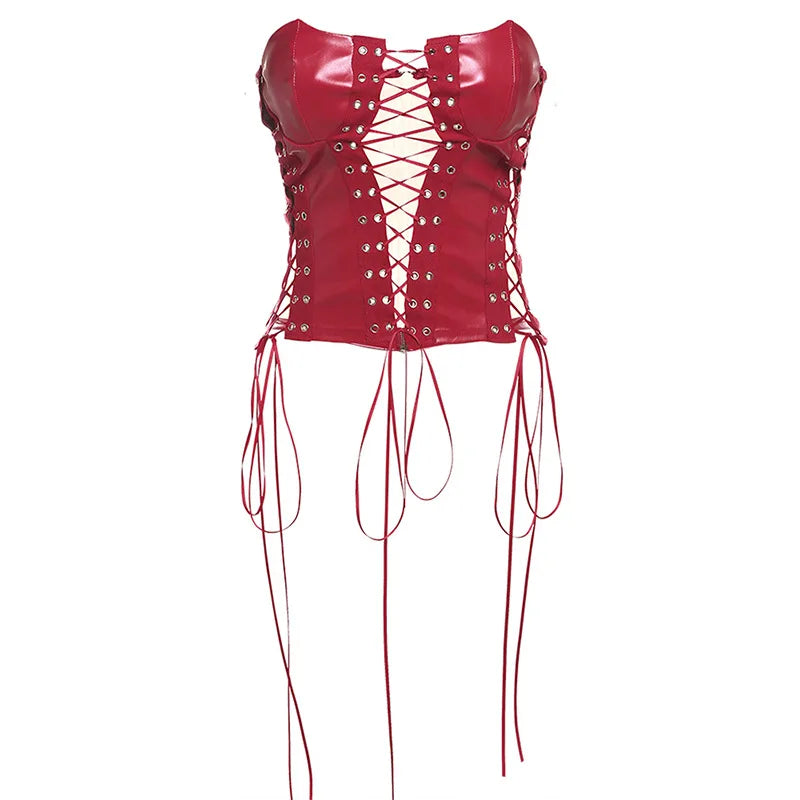 Sexy Gothic Women PU Leather Corsets Bustiers Lace-up Bandage Crown Girdle Slim Waist Back Zipper Strap Corset Tops Curve Shaper