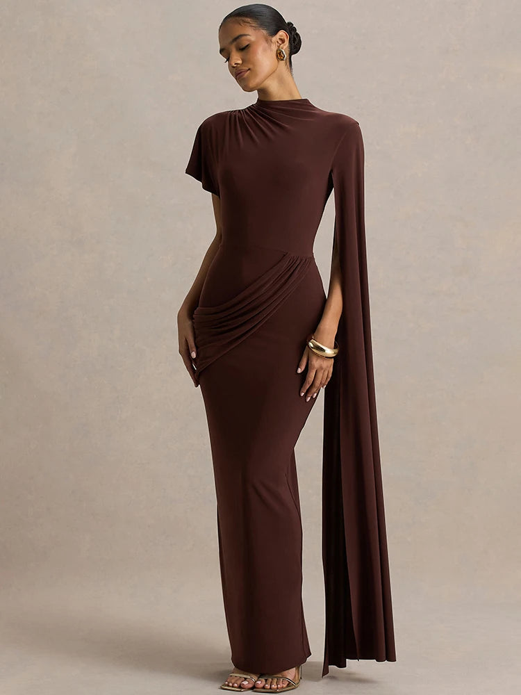 Mozision One Long Cape Sleeve Sexy Maxi Dress Women Gown Elegant O Neck Half High Collar High Waist Ruched Club Party Long Dress
