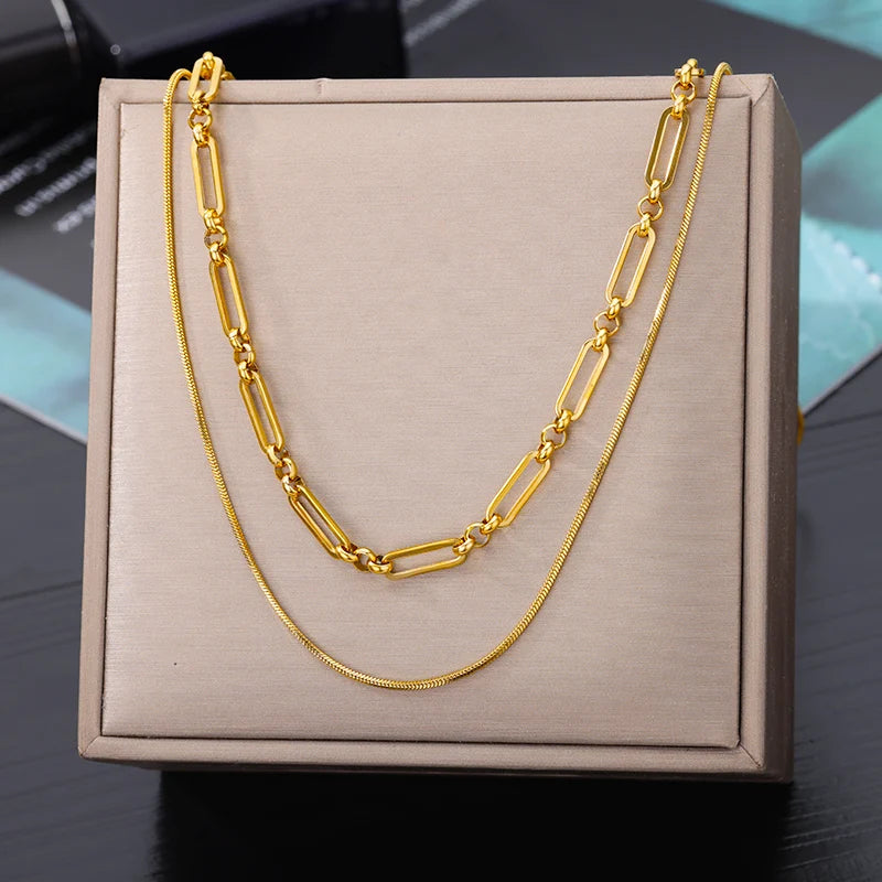 Double Layer Hollow Clavicle Chain Stainless Steel Necklace For Women Punk Hip-Hop Streetwear Jewelry Dropshipping