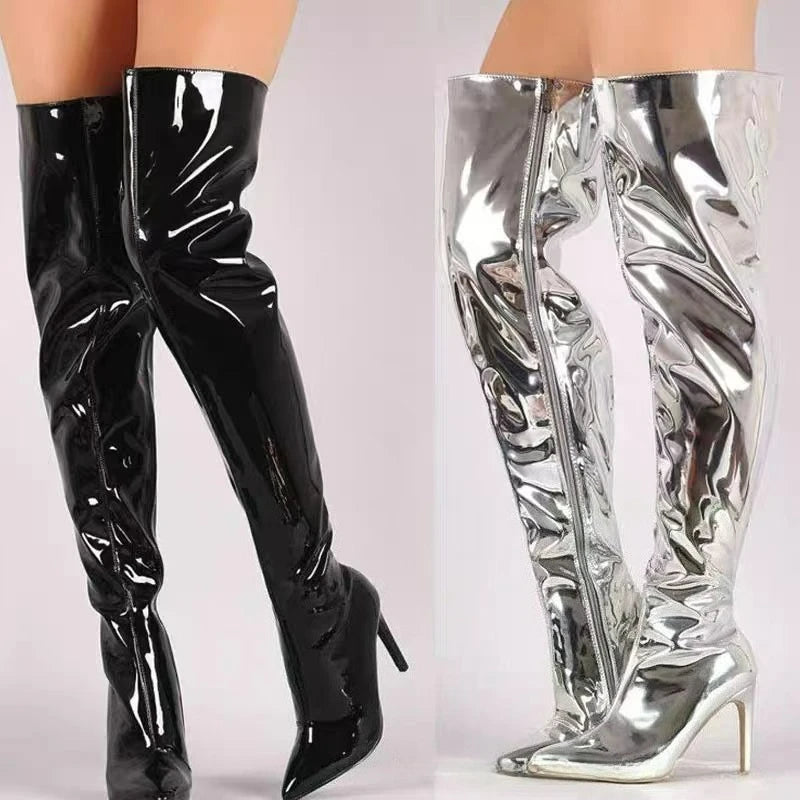Women's Boots Mirror Thigh High Boots Platform Pointy Toe Punk Thin High Heels Over The Knee Long Boots Zip Silver Party Shoes