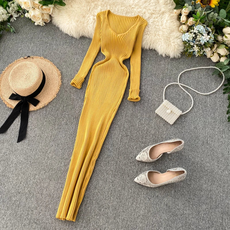 Women's Knitted Midi Dr Pure Color Long Sve Slim Fit High Waist V-Ne Korean Sle Faionable Autumn Winter Dr