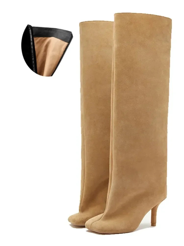 2024 European and American Fashion Stiletto Heels Wide Leg Knee Sleeve Boots Women's Square Head Suede Warm Boots