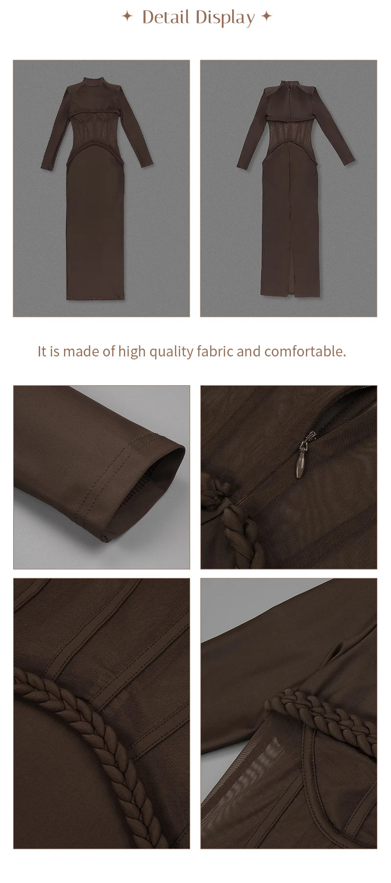 Luxury Sheer Corset Brown Long Dresses for Women – Long Sleeve High Neck See Through Bodycon Maxi Dress with Mesh Waist Detail