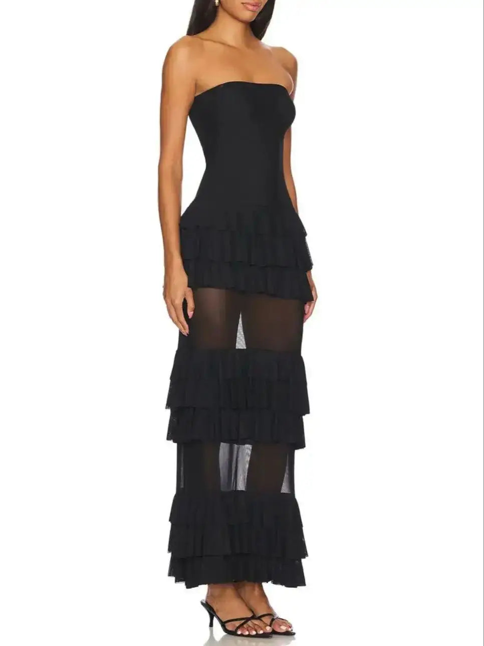 New 2025 Women Celebrity New Sexy Strapless Black Lace Mesh Long Bodycon Dress Elegant Evening Party Club Dress