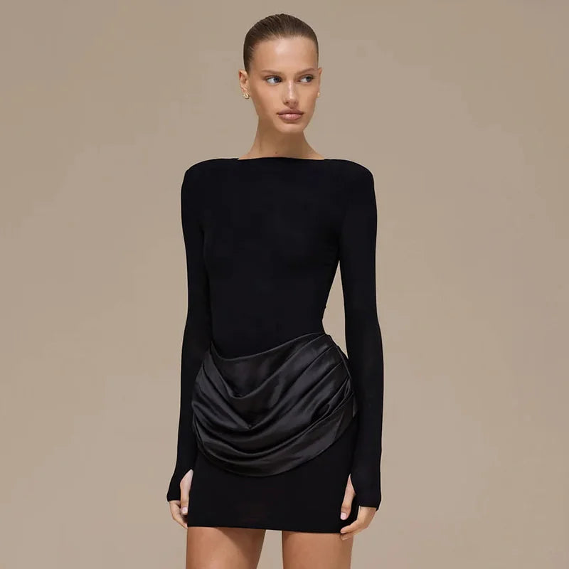 Mozision Long Sleeve Ruched Sexy Mini Dress Women Gown Elegant Satin Patchwork O Neck High Waist Club Party Dresses Fashion