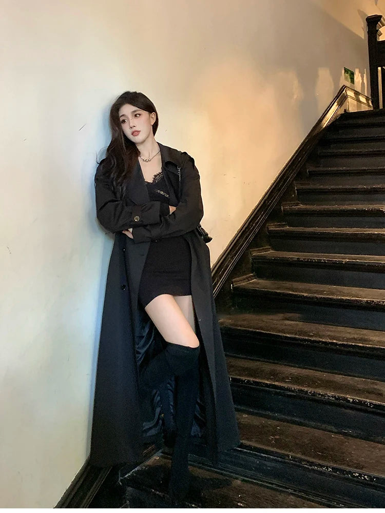 Lautaro Spring Autumn Long Black Hard Waterproof Trench Coat for Women Belt Double Breasted High Quality Luxury Overcoat 2024