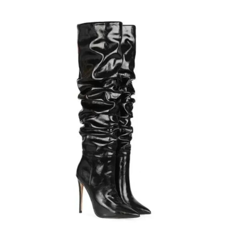 2024 Autumn and Winter New Fashionable High-heeled Pleated Sleeve Boots, European and American Sexy Fashion Runway Boots
