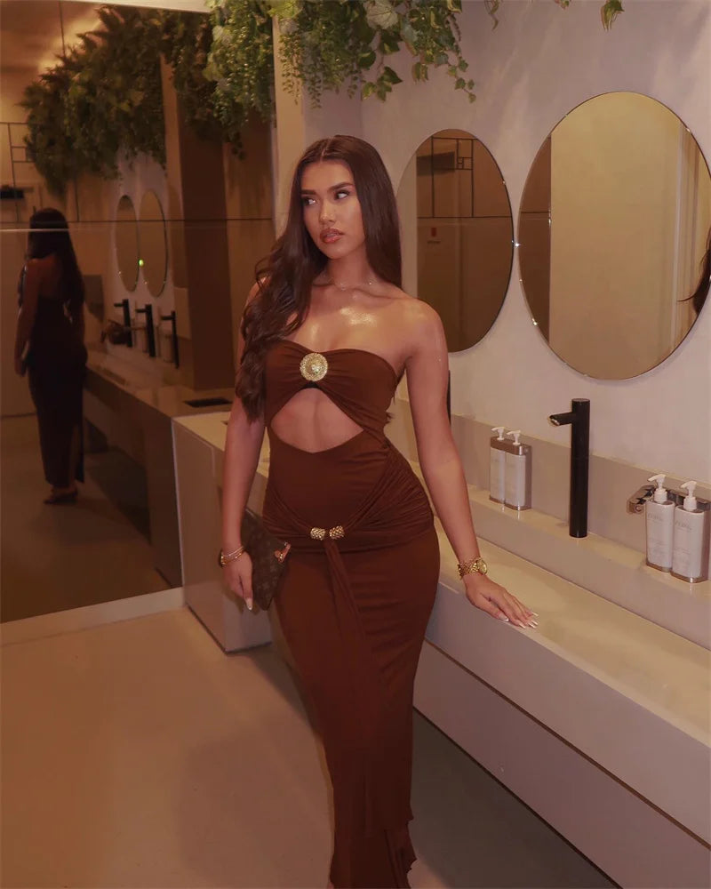 Mozision Hollow Out Backless Sexy Maxi Dress Women Gown Summer New Off-shoulder Strapless Sleeveless Ruched Club Long Dress