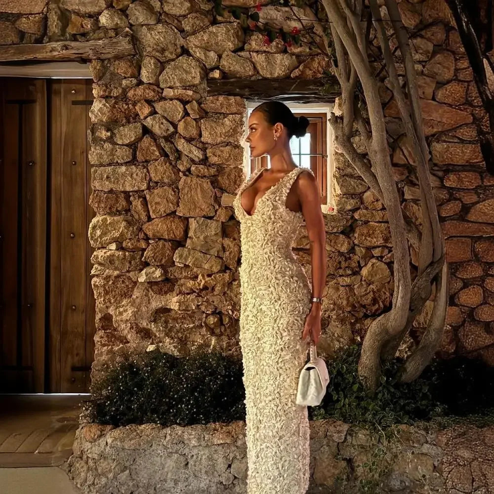 Mingmingxi Elegant Flower Applique Party Dresses 2024 New Arrivals V Neck Bodycon Mesh Dress Sexy Long Maxi Dress Women