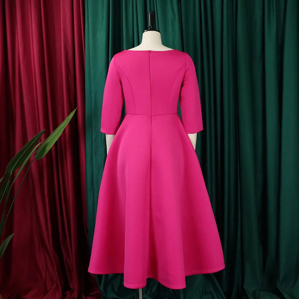 Elegant Party Dress for Woman 2024 Modern O Neck Three Quarter Sleeve High Waisted A Line Mid Calf Birthday Dinner Wedding Cloth