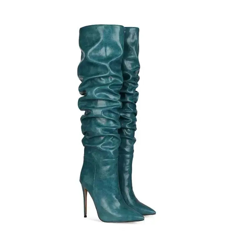 2024 Autumn and Winter New Fashionable High-heeled Pleated Sleeve Boots, European and American Sexy Fashion Runway Boots