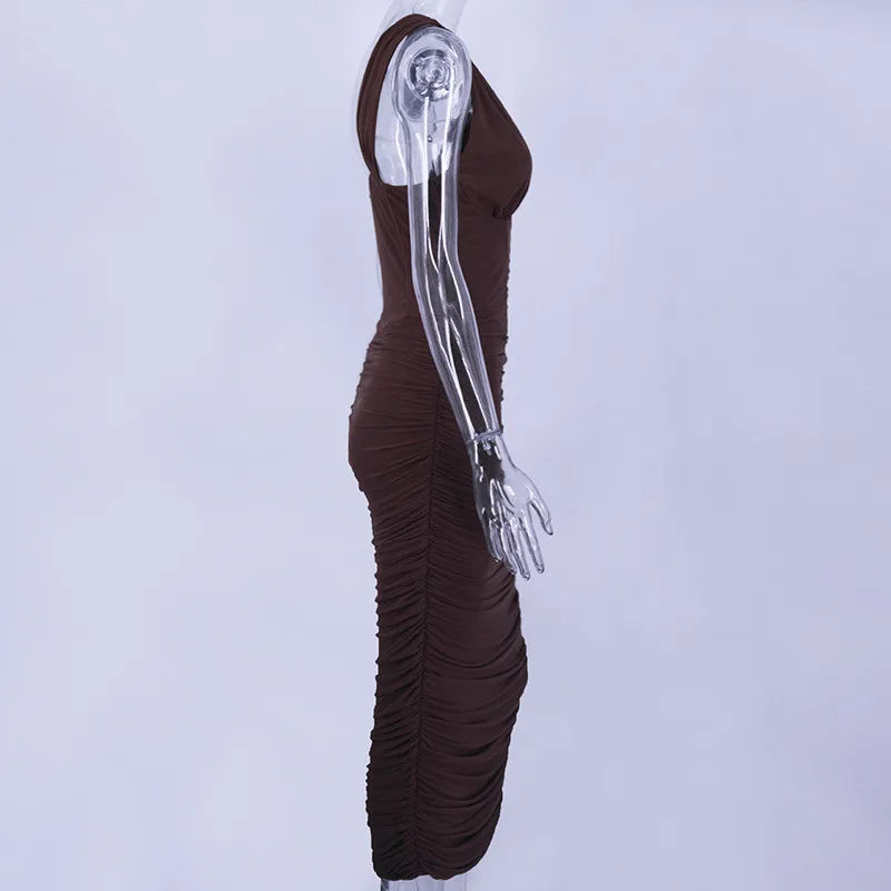 Mozision Elegant One Shoulder Ruched Midi Dress For Women Club Party Outfits Summer New Sleeveless Backless Bodycon Long Dress