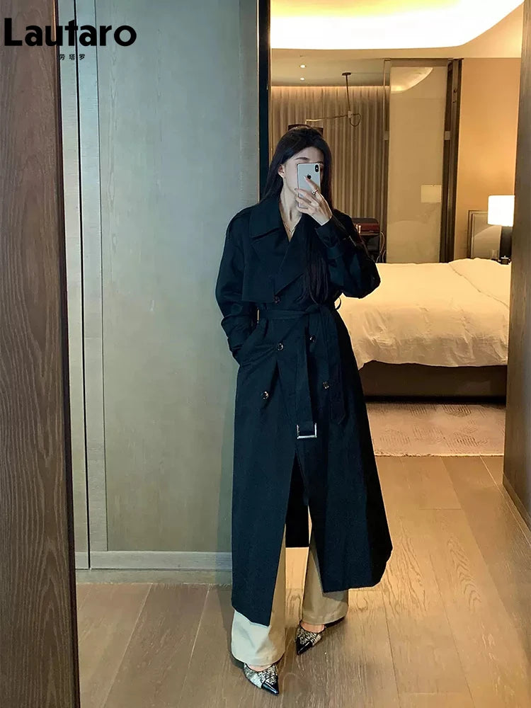 Lautaro Spring Autumn Long Black Hard Waterproof Trench Coat for Women Belt Double Breasted High Quality Luxury Overcoat 2024
