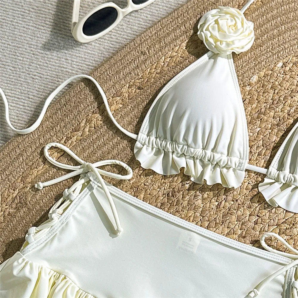 Solid White 3D Flower 3 Piece Bikini Set Skirts Mini Skirts Cover Ups Sexy Swimsuit Women 2025 Swimsuit Beachwear Thong Bikini