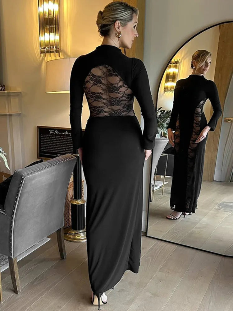 Mozision Lace See Through Long Sleeve Sexy Maxi Dress Women Black Patchwork Hollow Out High Waist Bodycon Club Party Long Dress
