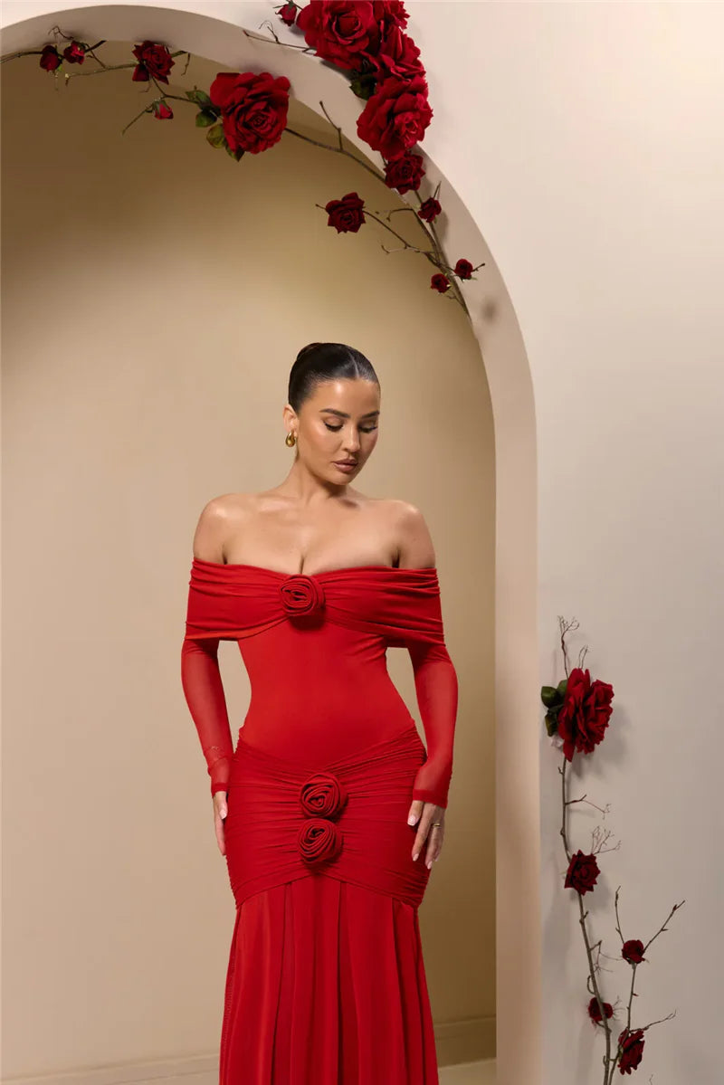 Mozision Off-shoulder Strapless Rose Sexy Maxi Dress For Women Fashion Long Sleeve Backless Ruched Bodycon Club Party Dress