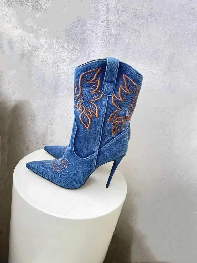 Women's Denim Western Cowboy Boots Pointed Toe Stiletto Heel, Sexy Embroidery Knight Runway Fashion Ankle Booties