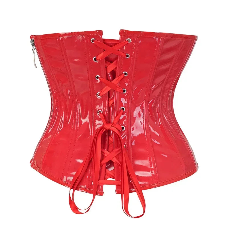 Leather Underbust Corset Tops Black Red Shiny PVC Steampunk Bustier Plastic Bones Basques Body Shaper Waist Cincher Korset