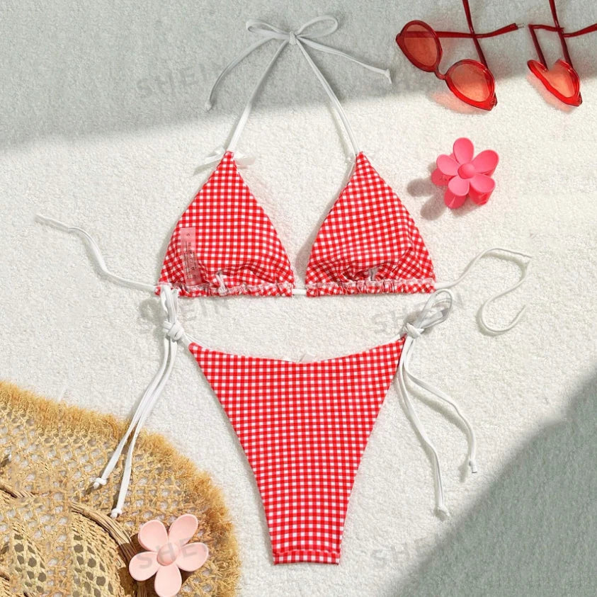 Red Plaid String Halter thong Micro Bikini for Women Mini Swimwear Lace-up Sexy Swimsuit Bathing Suit Triangle Bikinis Sets 2025