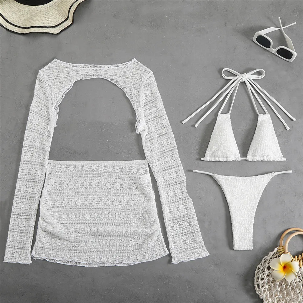 Beige Flower Mesh String Halter Bikinis Sets 4 Piece Sexy Swimsuit Women Long Sleeve Cover Up Swimwear Triangle Bikini Beachwear