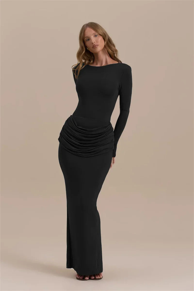 Long Sleeve Ruched Sexy Maxi Dress For Women Gown Autumn Winter New O Neck High Waist Bodycon Club Party Long Dresses