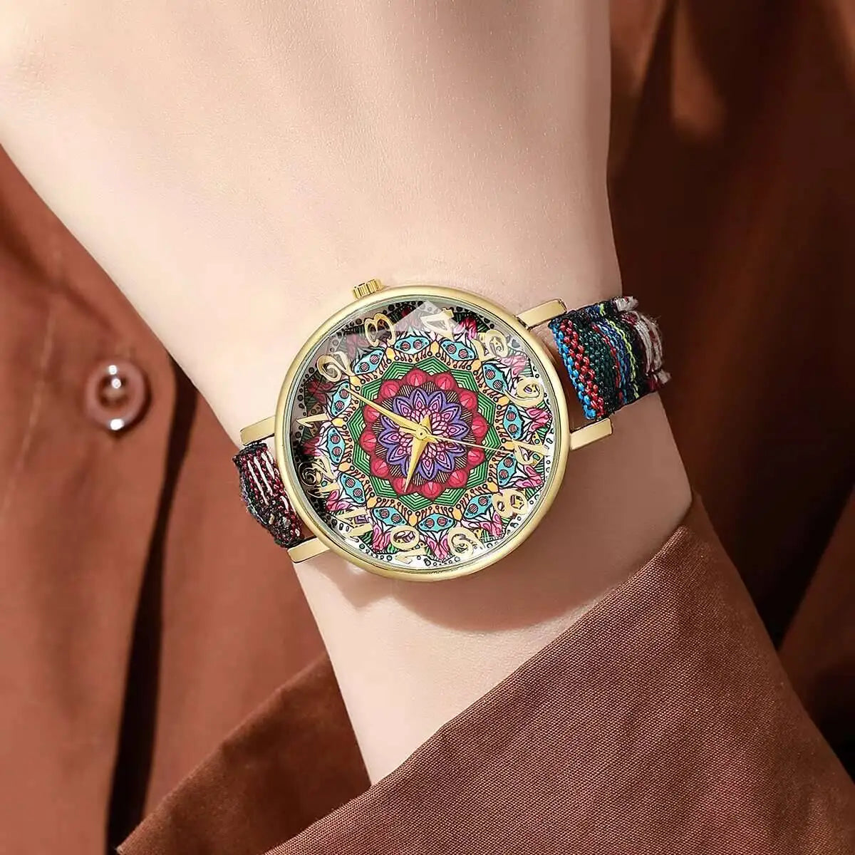 Fashion Women Watches Vintage Flowers Printed PU Strap Quartz Watch for Women Clock Gift Reloj Mujer（Without Box）