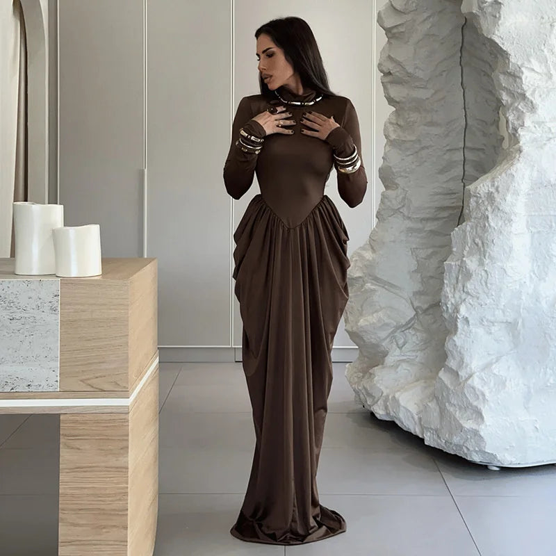 Mozision Turtleneck Long Sleeve Sexy Maxi Dress Women Gown Autumn Winter Elegant High Waist Draped Ruched Club Party Long Dress