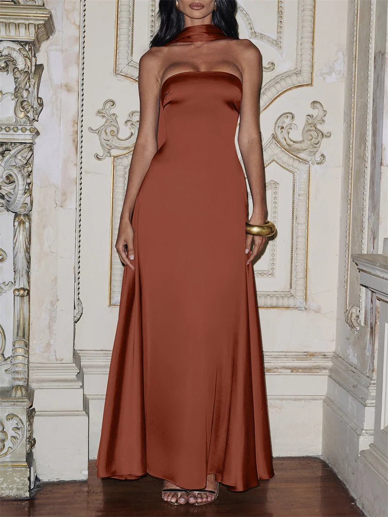 Mozision Off-shoulder Strapless Sexy Maxi Dress Women Gown Elegant Scarf Collar Sleeveless Backless Bodycon Club Party Dress