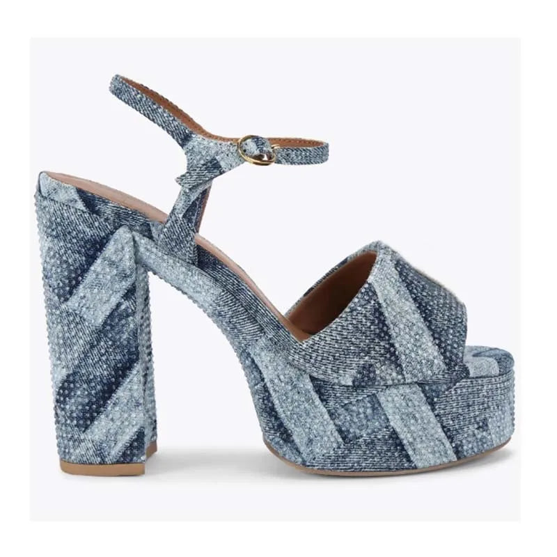 2025 Summer New Waterproof Platform Hot Diamond Thick Bottom Thick High Heels Fashion Square Head Versatile Buckle Strap Sandals