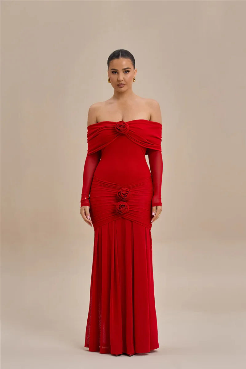 Mozision Off-shoulder Strapless Rose Sexy Maxi Dress For Women Fashion Long Sleeve Backless Ruched Bodycon Club Party Dress