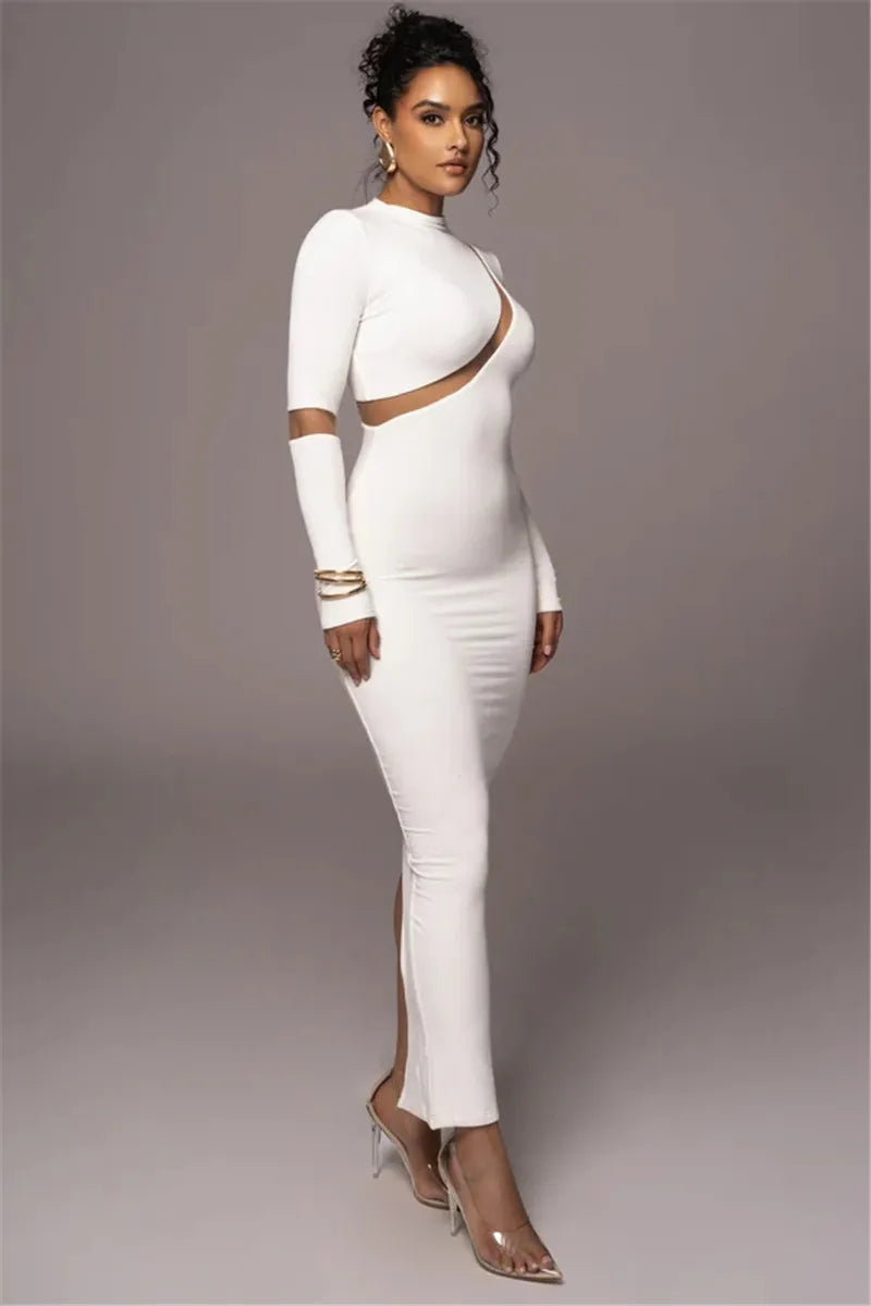 Mozision Turtleneck Long Sleeve Bodycon Maxi Dress For Women Autumn New Patchwork Hollow Out Club Party Sexy Long Dress Vestidos