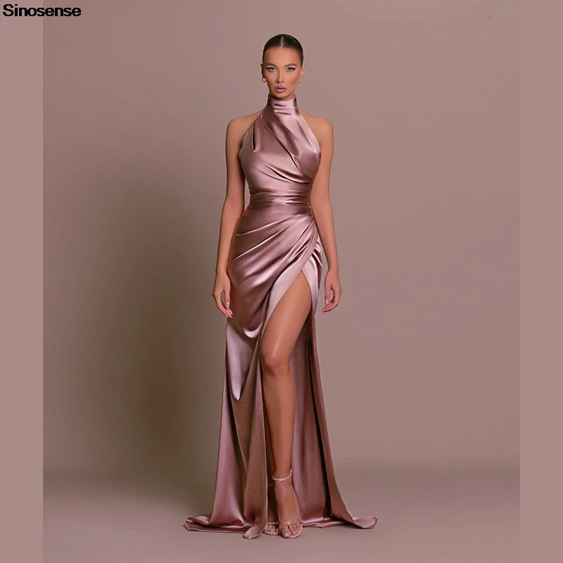 Womens Elegant Long Formal Evening Cocktail Party Dress Sexy High Split Ruched Bodycon Wedding Guest Bridemaid Maxi Dress
