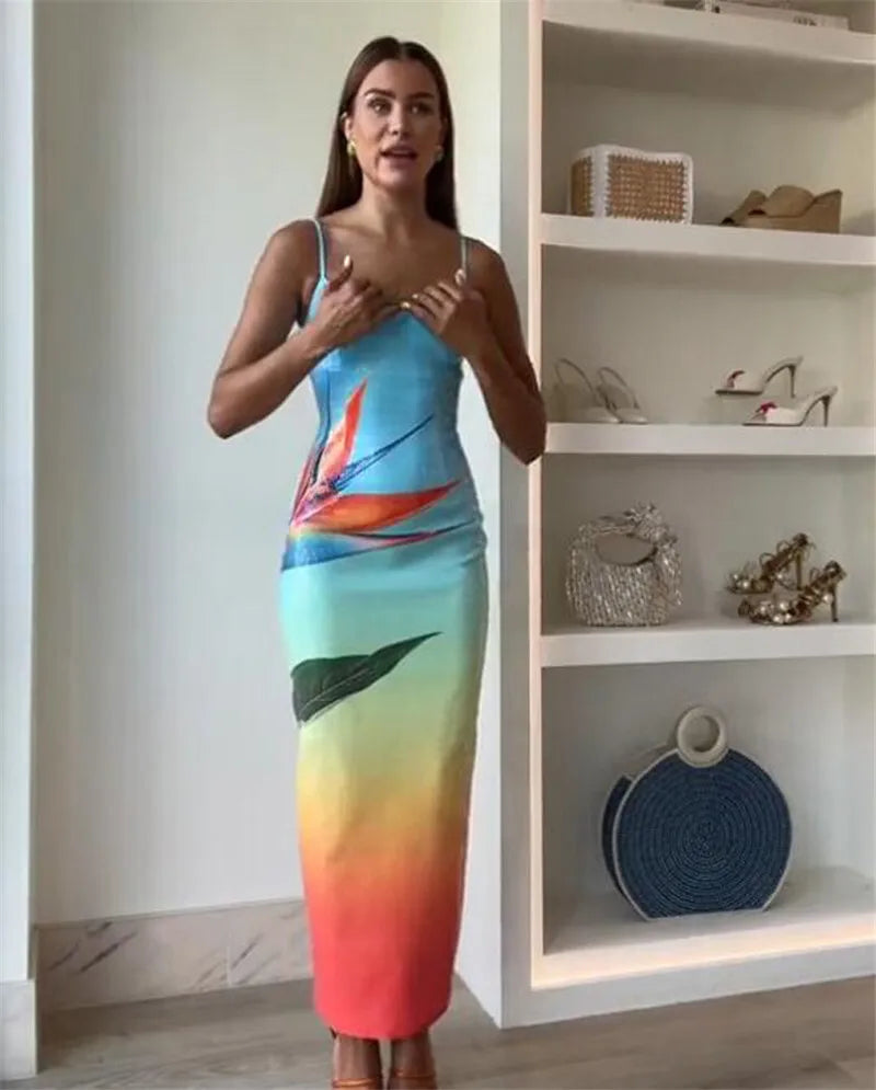 Mozision Floral Print Sexy Maxi Dress For Women Spaghetti Strap Sleeveless Backless Bodycon Slipdress Sequins Club Party Dress