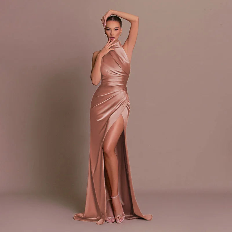 Womens Elegant Long Formal Evening Cocktail Party Dress Sexy High Split Ruched Bodycon Wedding Guest Bridemaid Maxi Dress