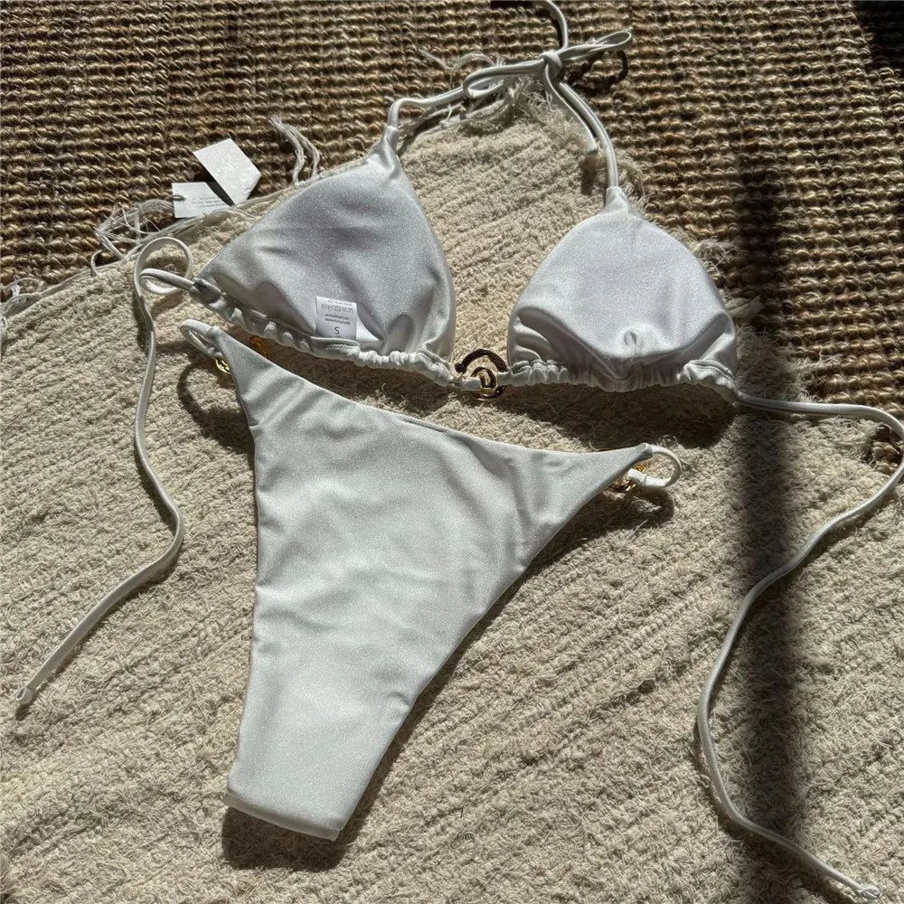 Solid Orange Swimwear Metal Ring String Halter Triangle Micro Bikini Thong Sexy Swimsuit Women 2025 Bathing Suit Bikinis Sets